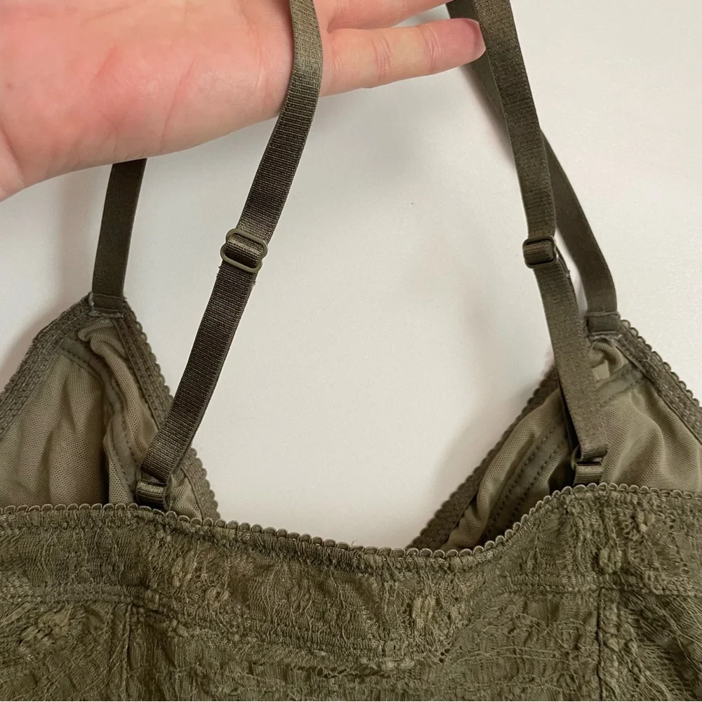 Free People Bralette Corset Crocheted Lace Asian Floral No Padding Olive Green